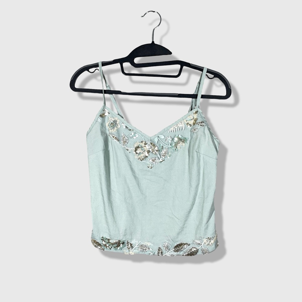 Edikted Cami Top Womens Small Sage Green Sequin Floral Fairycore Y2K Boho